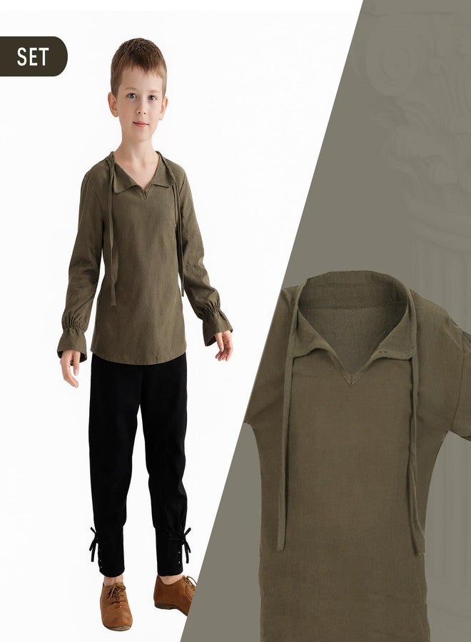 VZQI Boys Girls Medieval Lace-Up Neck Shirt Long Sleeve Renaissance Pirate Top Scottish Jacobite Halloween Costume Tunic Green 4'3''-4'9'' - Image 2